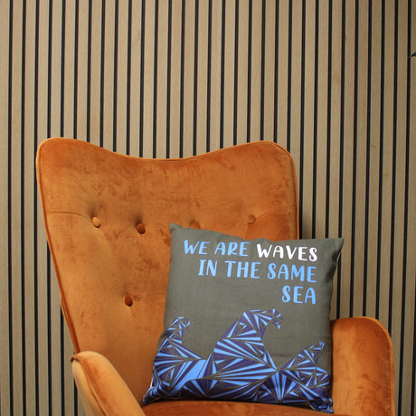 Printed Cotton Cushion Cover - We are Waves - Grey, Blue and Natural - SHAMTAM.COM