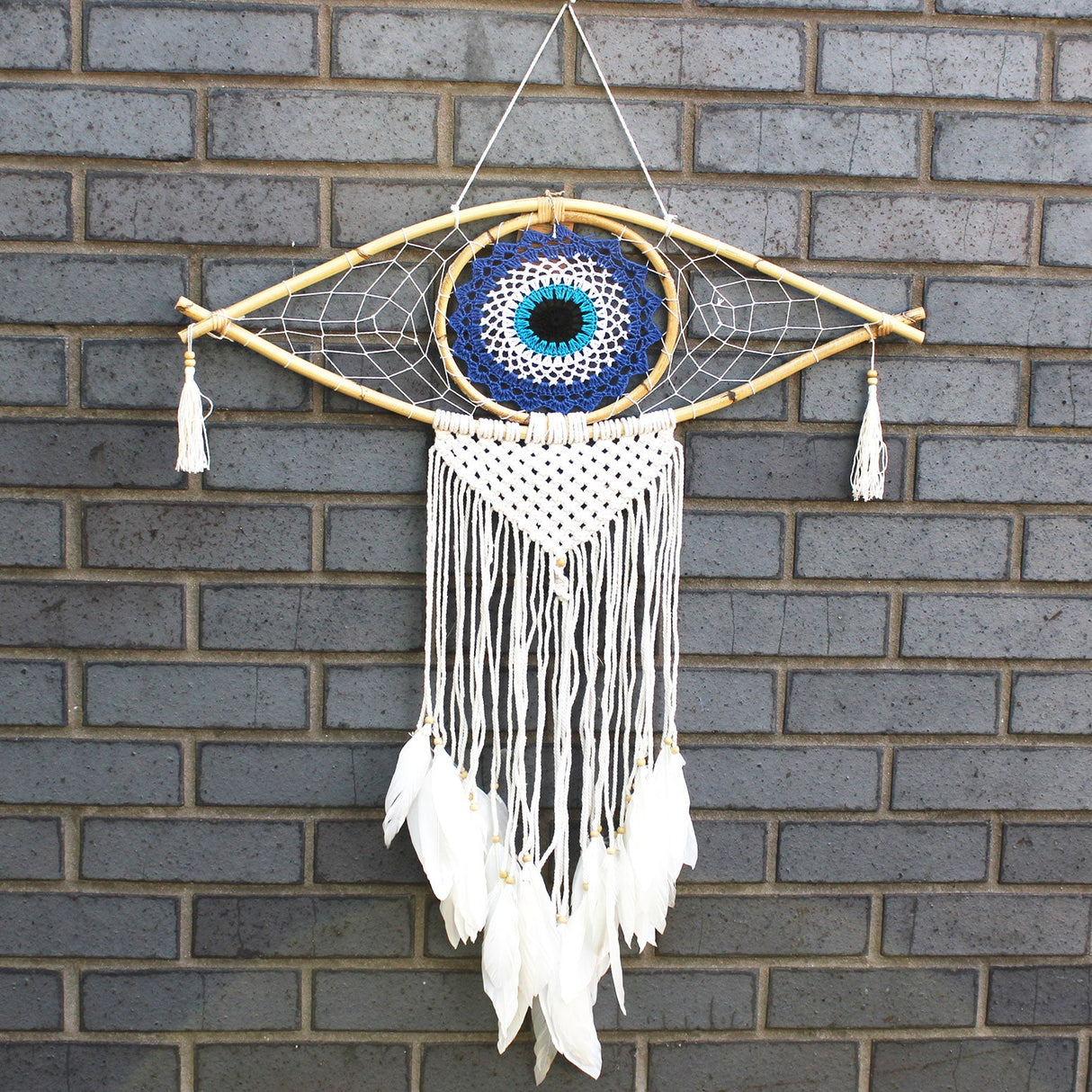 Dreamcatcher - Lrg Macrame Evil Eye Blue/White/Black - SHAMTAM.COM