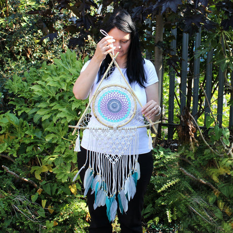 Dreamcatcher - Lrg Macrame Pyramid White/Turquoise - SHAMTAM.COM