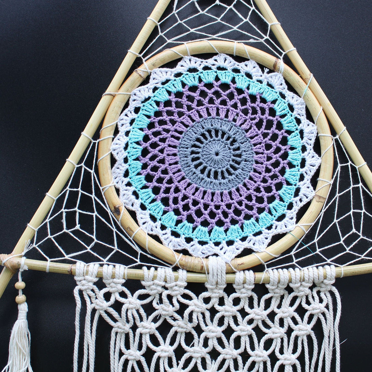 Dreamcatcher - Lrg Macrame Pyramid White/Turquoise - SHAMTAM.COM