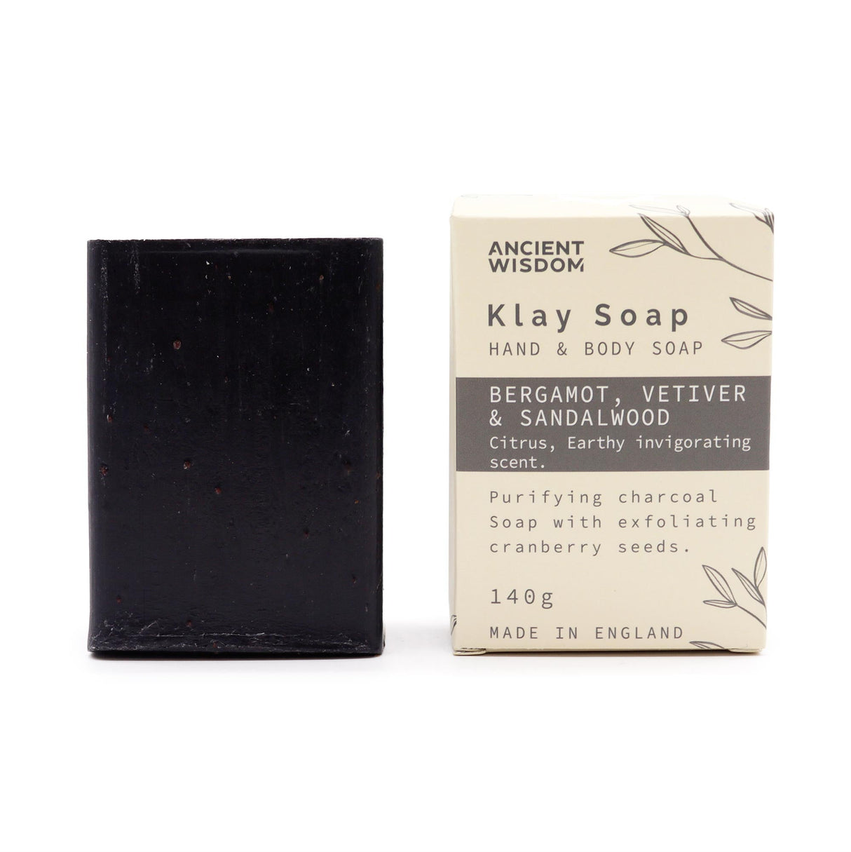 Purifying Charcoal Soap with Bergamot & Sandalwood - Exfoliating Cranberry Seeds, Natural & Vegan, Made in UK - 140g Klay Soap by Ancient Wisdom - SHAMTAM.COM