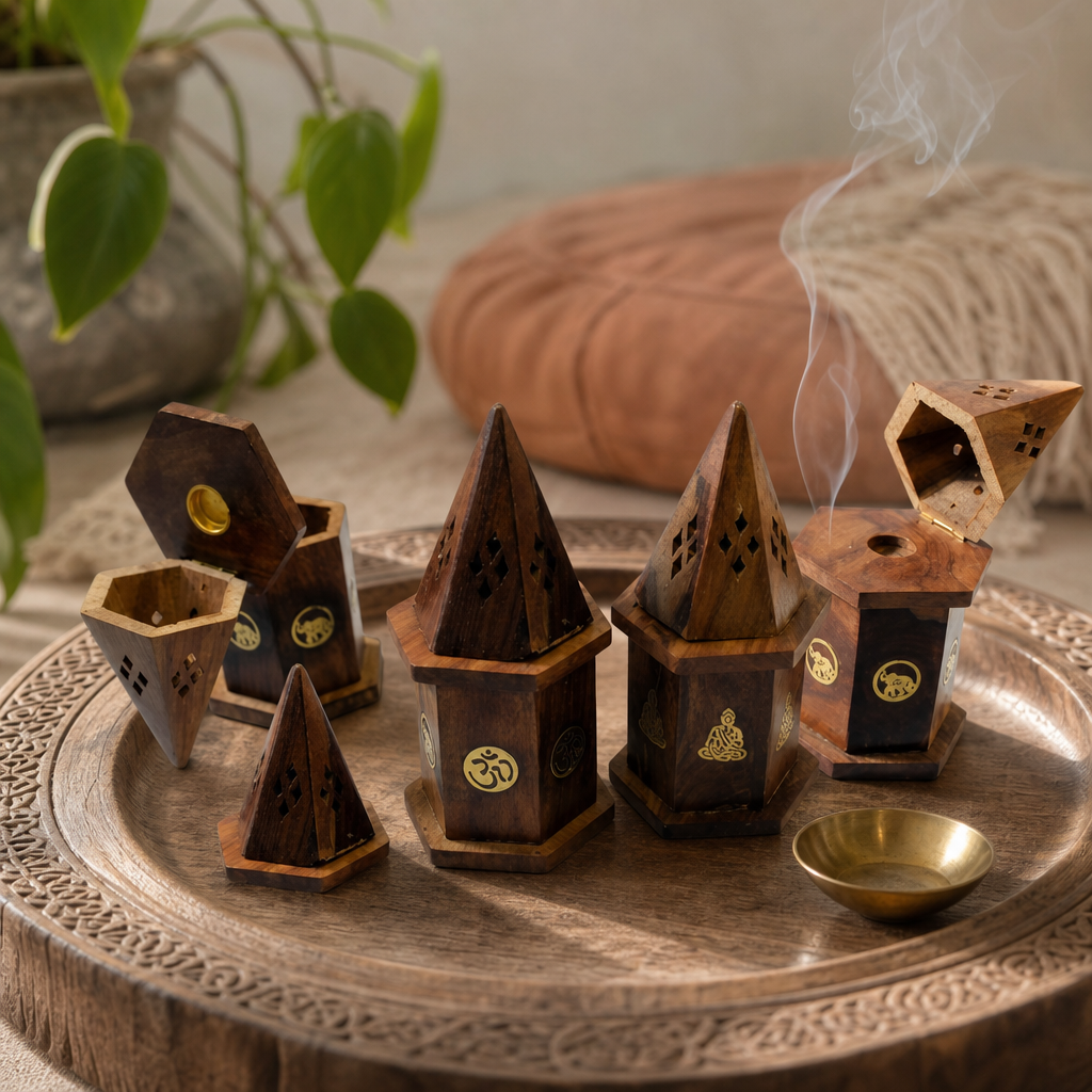 Pyramid Mini Incense House - Shesham — styled in a warm, naturally lit interior