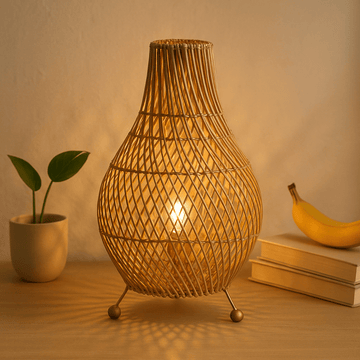Lampada da tavolo in rattan naturale con lampadina inclusa