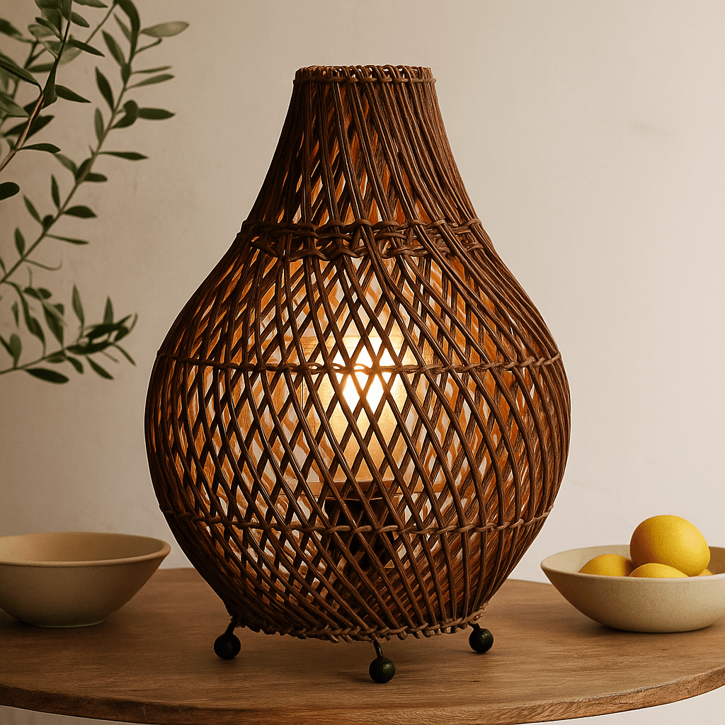 Rattan Table Lamp With UK Plug Dark Brown - SHAMTAM.COM