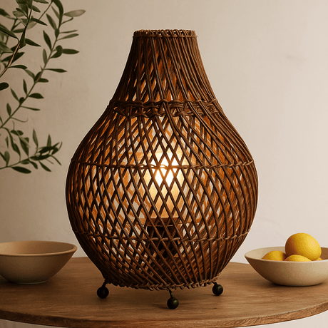 Rattan Table Lamp With UK Plug Dark Brown - SHAMTAM.COM