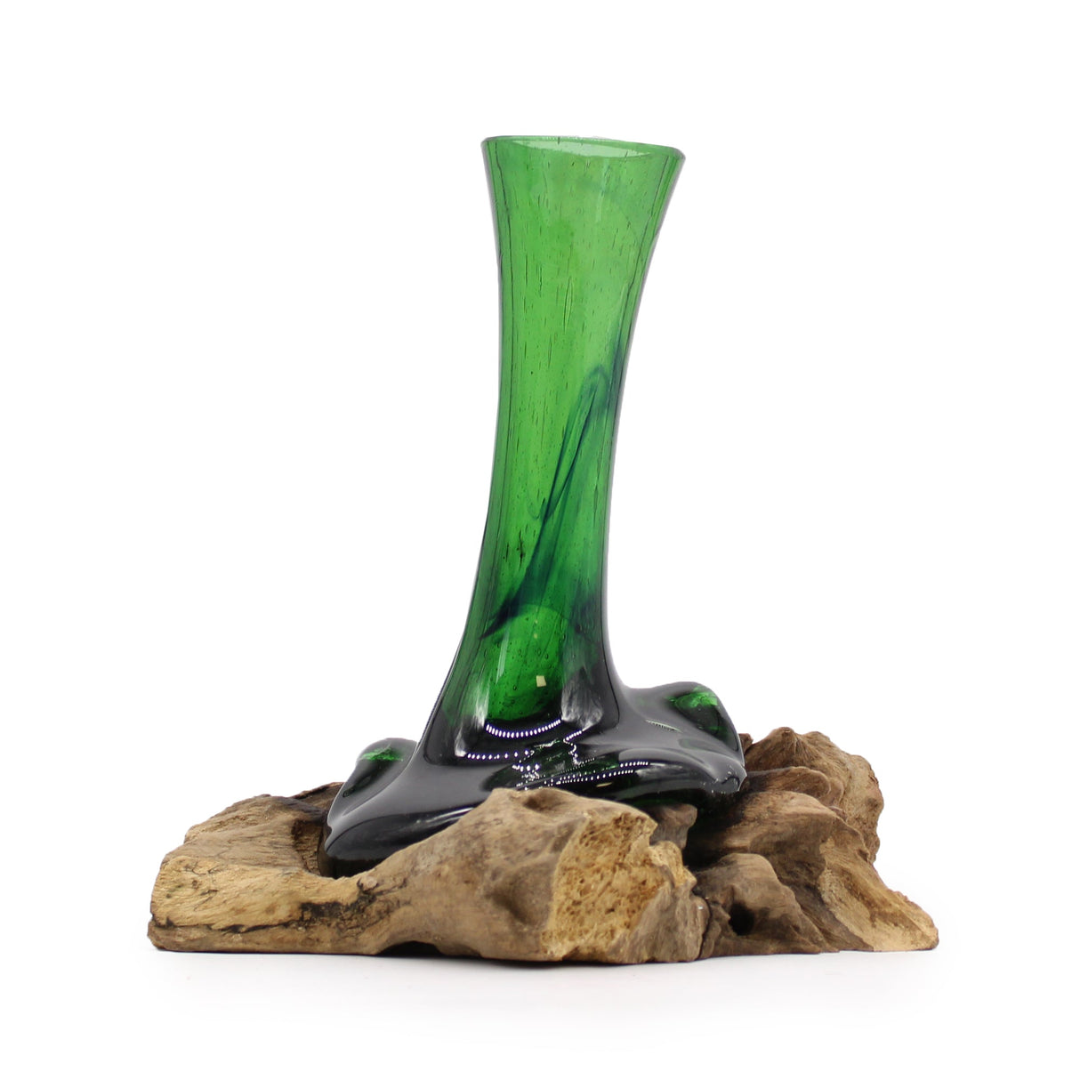 Flower Vase on Driftwood Molten Glass Recycled Beer Bottles - SHAMTAM.COM