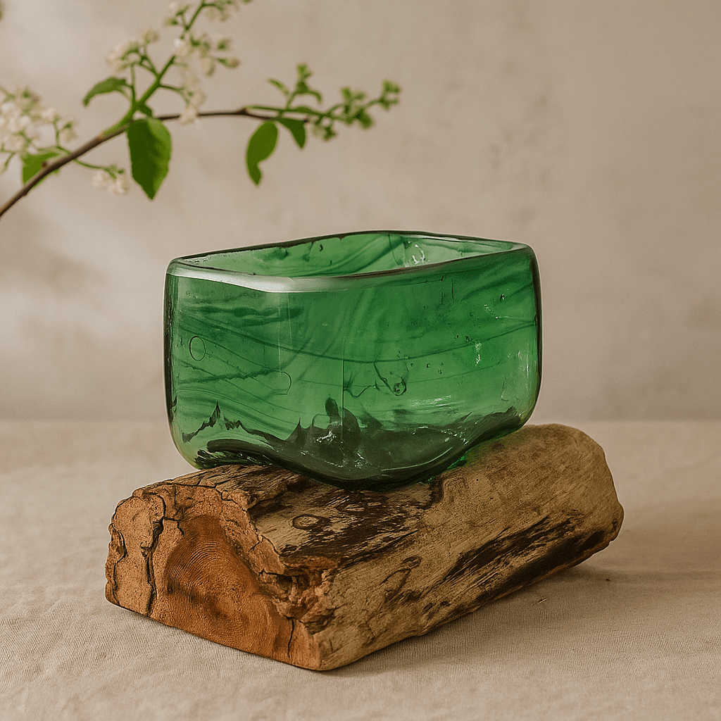 Recycled Glass Square Bowl With Wood Base - SHAMTAM.COM