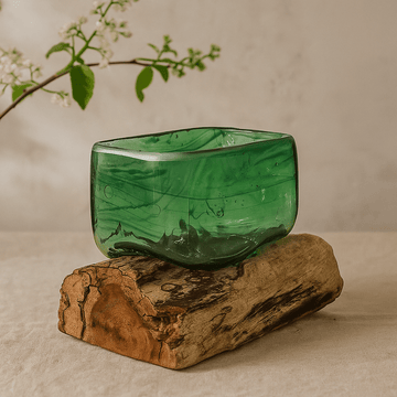 Cuenco cuadrado de vidrio reciclado con base de madera