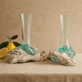 Recycled Molten Glass Vase on Wood Base - SHAMTAM.COM