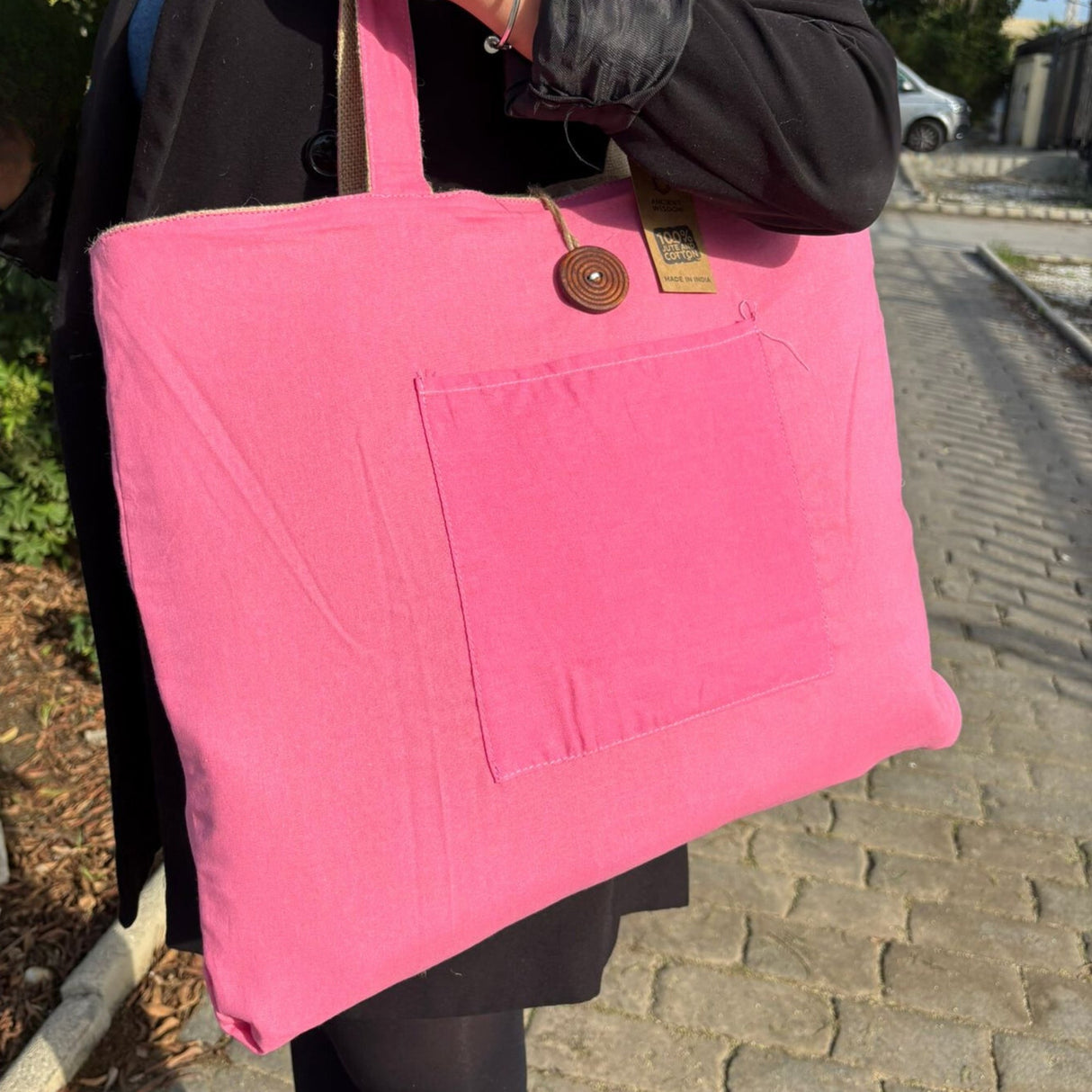 Reversible Pink Jute & Cotton Tote Bag with Front Pocket and Button Closure - SHAMTAM.COM