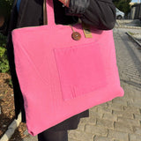 Reversible Pink Jute & Cotton Tote Bag with Front Pocket and Button Closure - SHAMTAM.COM