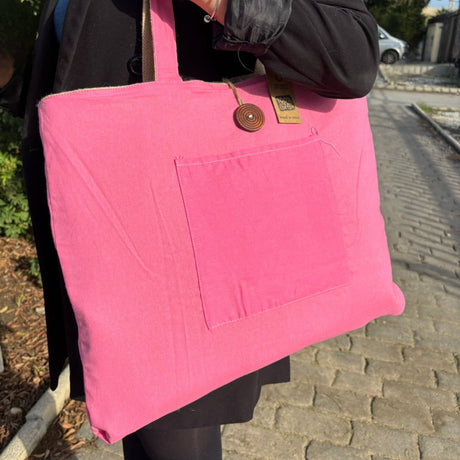 Reversible Pink Jute & Cotton Tote Bag with Front Pocket and Button Closure - SHAMTAM.COM