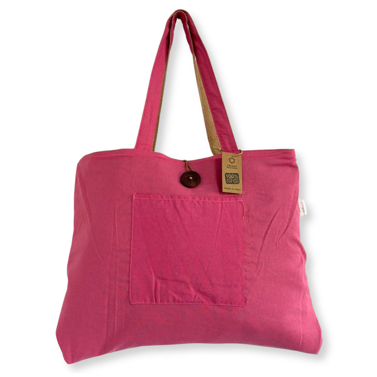 Reversible Pink Jute & Cotton Tote Bag with Front Pocket and Button Closure - SHAMTAM.COM