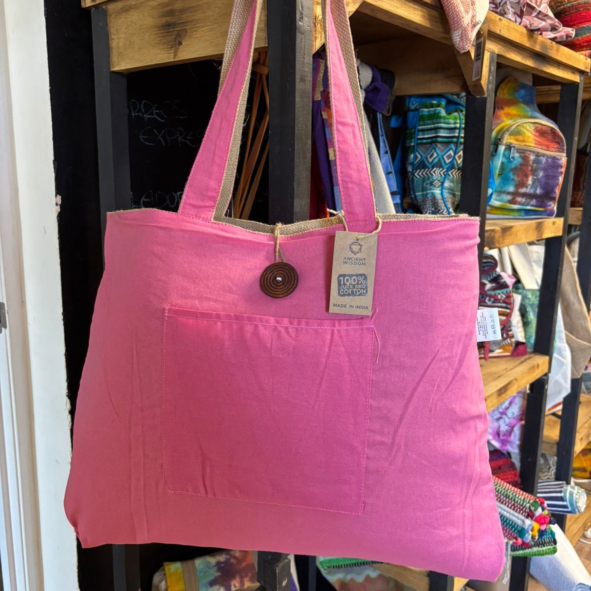 Reversible Pink Jute & Cotton Tote Bag with Front Pocket and Button Closure - SHAMTAM.COM
