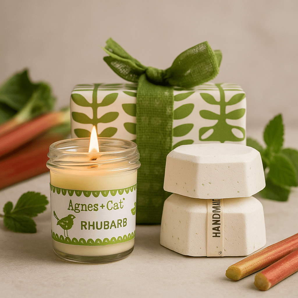 Rhubarb Candle Gift Set With 2 Bath Fizzers - SHAMTAM.COM