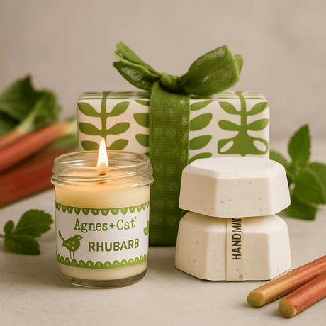 Rhubarb Candle Gift Set With 2 Bath Fizzers - SHAMTAM.COM