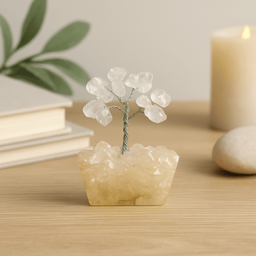 Árbol de piedra de cuarzo con base de orgonita, 15 gemas