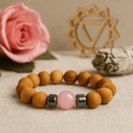 Rose Quartz Bangle with Cedarwood Heart Chakra - SHAMTAM.COM