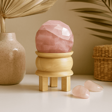 Sfera di cristallo di quarzo rosa sfaccettata con supporto 2 pezzi