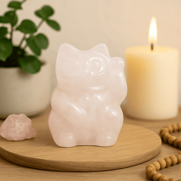 Figura de Gato de la Suerte de Cuarzo Rosa 50x35x25mm