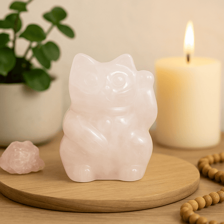 Rose Quartz Lucky Cat Figurine 50x35x25mm - SHAMTAM.COM