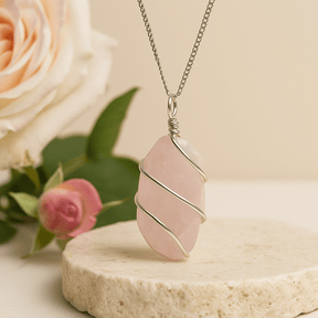 Rose Quartz Necklace Raw Wire Wrapped Crystal - SHAMTAM.COM