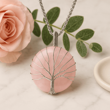 Rose Quartz Necklace Tree of Life Pendant