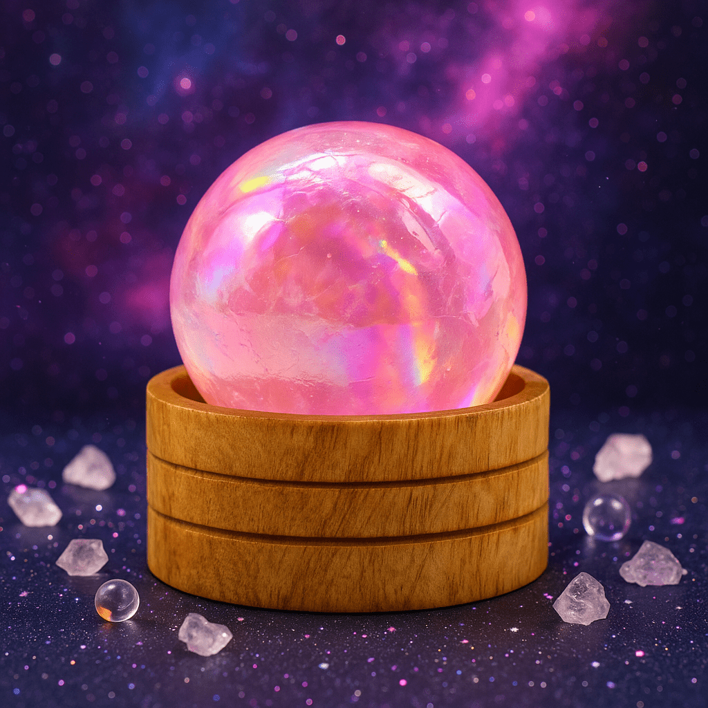 Gemstone Sphere 50mm - Rose Quartz Titanium Aura with Stand - SHAMTAM.COM