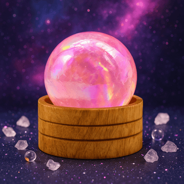 Sfera di Quarzo Rosa Aura Titanio 50mm con supporto
