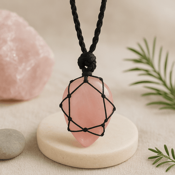 Pendentif quartz rose goutte d’eau avec cordon réglable