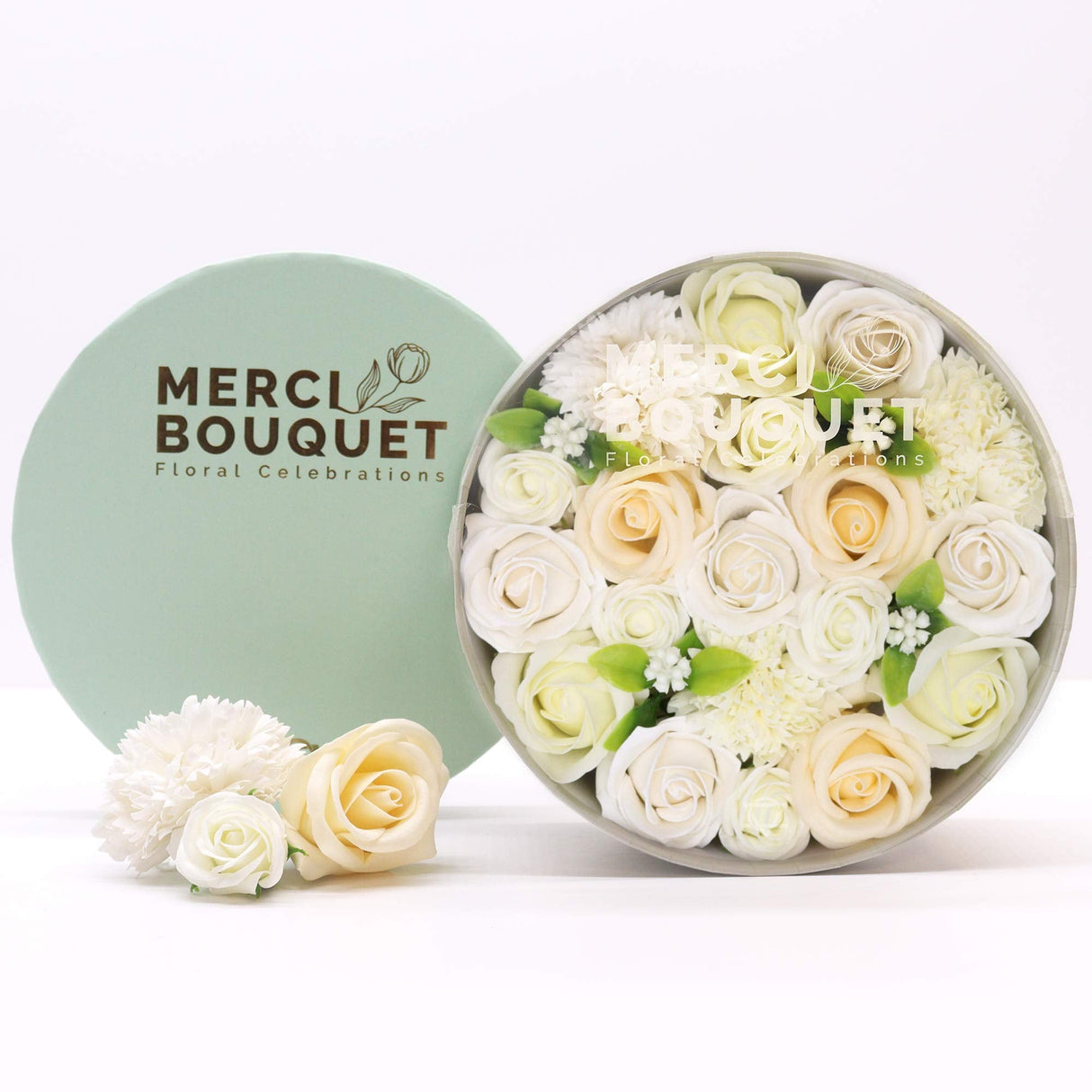 Soap Flowers Round Box - Wedding Blessings - White & Ivory - SHAMTAM.COM