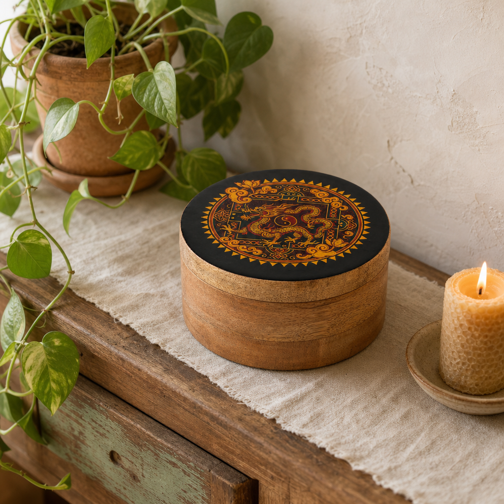 Round Enamelled Box - Dragon Yin Yang — styled in a warm, naturally lit interior