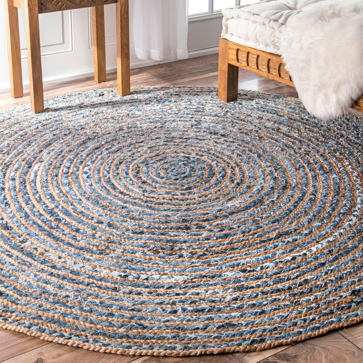 Boho Rug - Round Jute and Recycle Denim 120 cm - SHAMTAM.COM