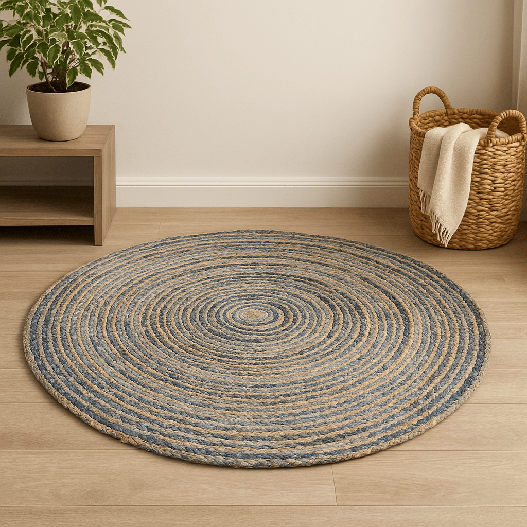 Round Jute Recycled Denim Rug 150 cm | Eco-Friendly Home Decor | SHAMTAM
