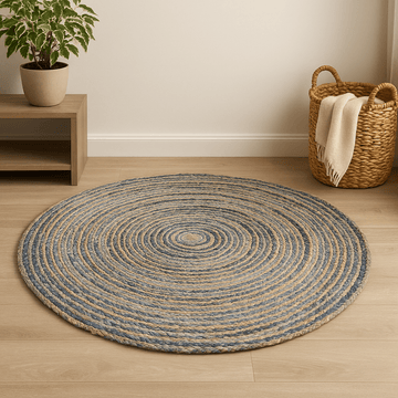 Rund jute genbrugt denim tæppe 150 cm