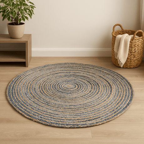 Round Jute Recycled Denim Rug 150 cm - SHAMTAM.COM