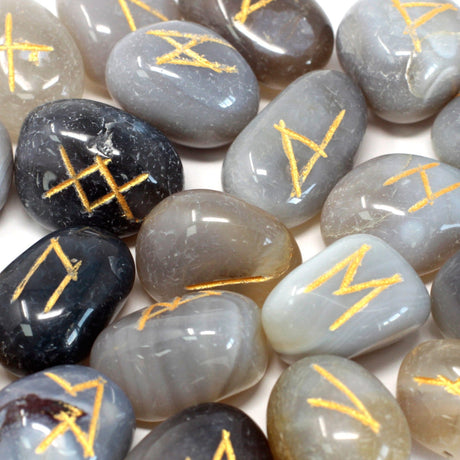 Grey Agate Runes Stone Set in Pouch - SHAMTAM.COM