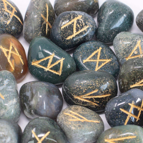 Moss Agate Runes Stone Set in Pouch - SHAMTAM.COM