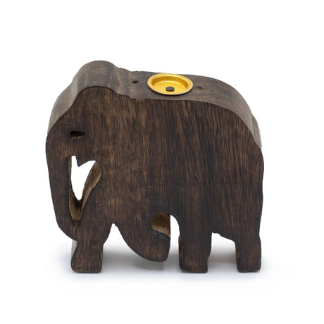 Rustic Wooden Elephant Incense Holder with Metal Dish for Cones and Sticks - Dark Wood Finish - SHAMTAM.COM