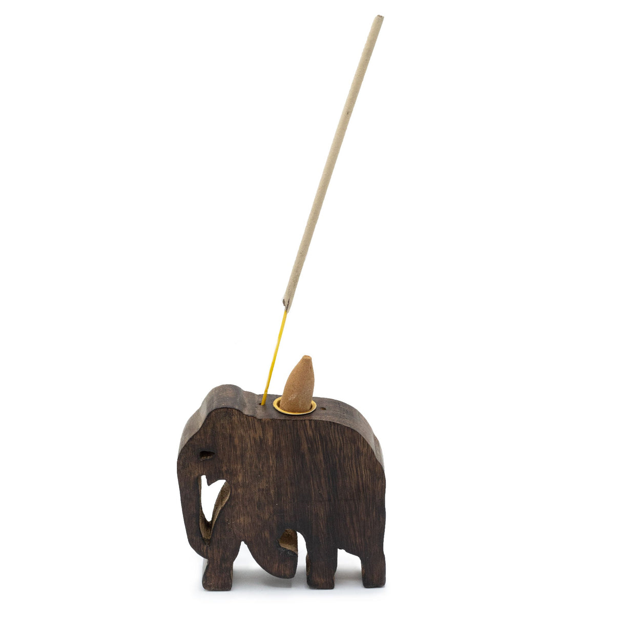 Rustic Wooden Elephant Incense Holder with Metal Dish for Cones and Sticks - Dark Wood Finish - SHAMTAM.COM
