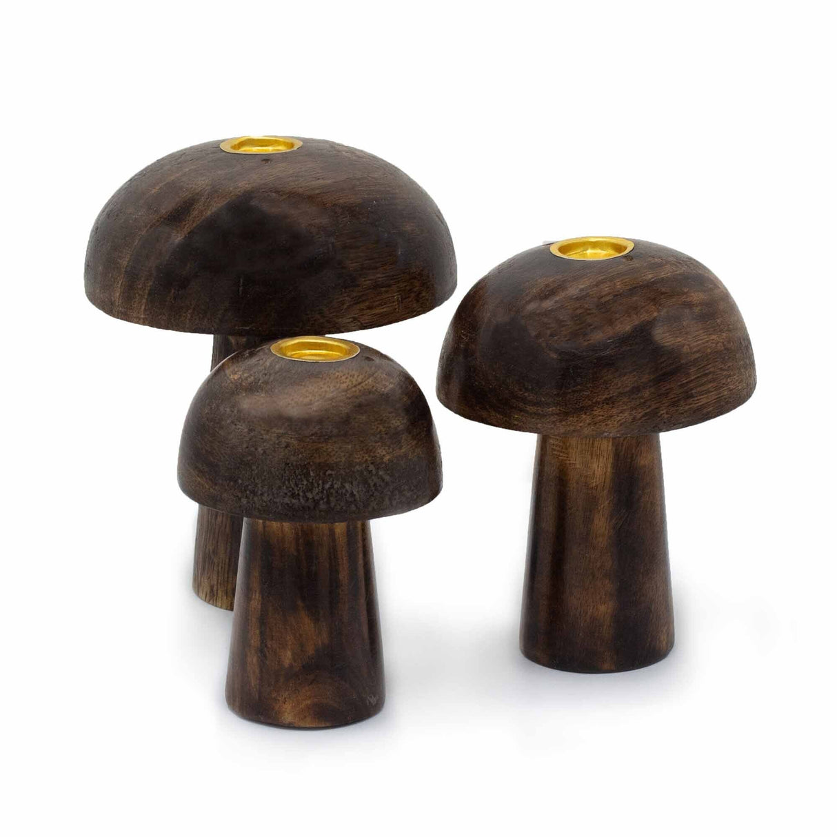 Rustic Wooden Mushroom Candle Holders Set - 3 - Piece Decorative Incense Cone Holders (10cm, 9cm, 8cm) with Dark Wood Finish - SHAMTAM.COM