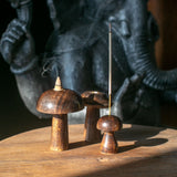 Rustic Wooden Mushroom Candle Holders Set - 3 - Piece Decorative Incense Cone Holders (10cm, 9cm, 8cm) with Dark Wood Finish - SHAMTAM.COM