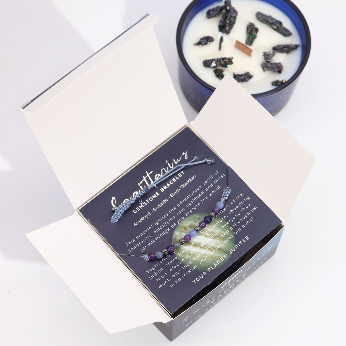 Sagittarius Zodiac Crystal Candle and Gemstone Bracelet Set - Celestial Astrology Gift with Amethyst, Sodalite, and Black Obsidian - SHAMTAM.COM
