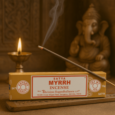 Satya Myrrh Incense Sticks 15g - Hand Rolled Aromatic Bliss from India - SHAMTAM.COM