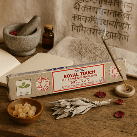 Satya Royal Touch Incense 15gm - White Sage & Frankincense | Natural Aromatic Sticks | Single Pack - SHAMTAM.COM