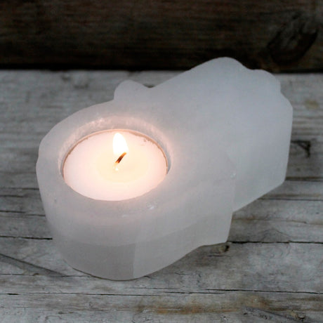 Selenite Candle Holder Hamsa - SHAMTAM.COM