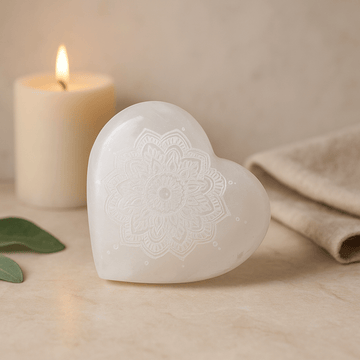 Selenite Heart Mandala Engraved 7-8cm
