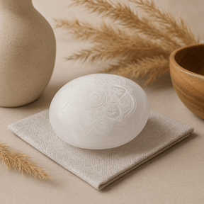 Selenite Palm Stone, Mandala Engraved - SHAMTAM.COM