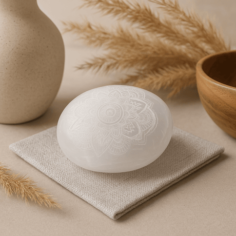Selenite Palm Stone, Mandala Engraved - SHAMTAM.COM