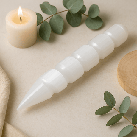 Selenite Spiral Wand, 16 cm One End Pointed - SHAMTAM.COM
